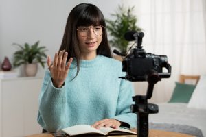 Professora gravando aula com foco na qualidade da experiência de aprendizagem no EAD.