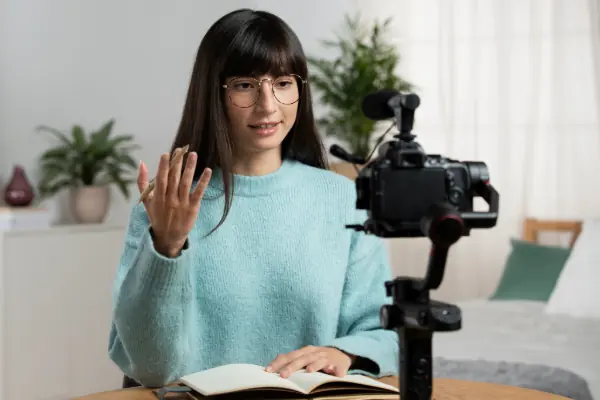 Professora gravando aula com foco na qualidade da experiência de aprendizagem no EAD.